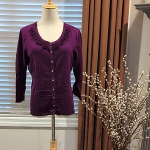 White House Black Market Purple Floral-Trim Button Cardigan